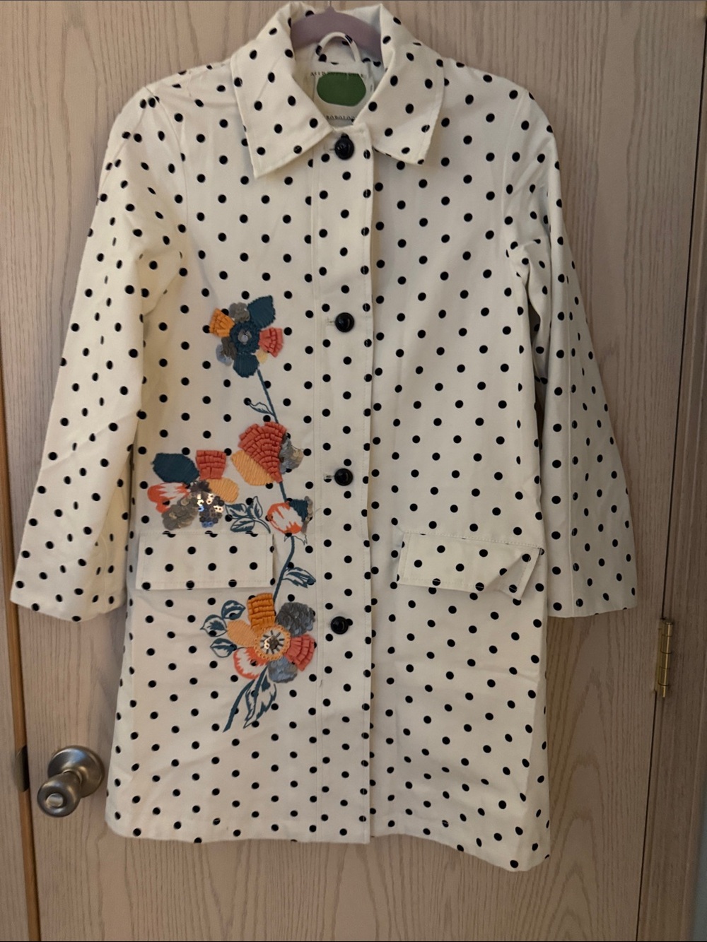 Anthropology Polka Dot Coat Jacket with Floral Embroidery XXS